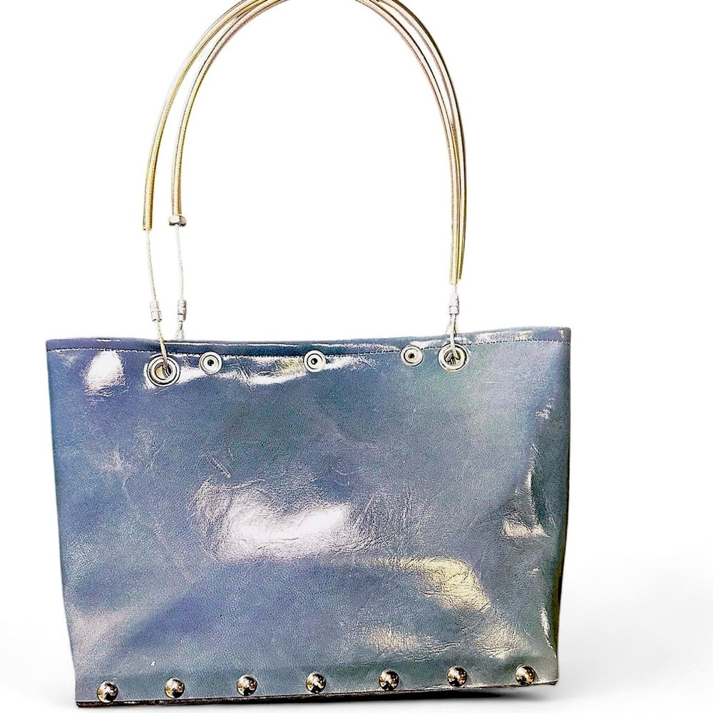 Hardware by Renee Grey medium gloss vegan metal studded purse candle handles